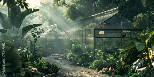 Greenhouses in an enchanted garden, surrounded lush foliage and exotic plants, with rays of sunlight filtering through the glass, creating a magical atmosphere photo