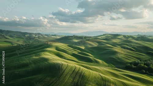 Scenic view of green hills with trees. Suitable for nature or travel concepts