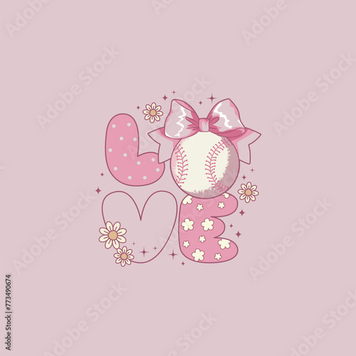 cute coquette style illustration of the word love with a baseball