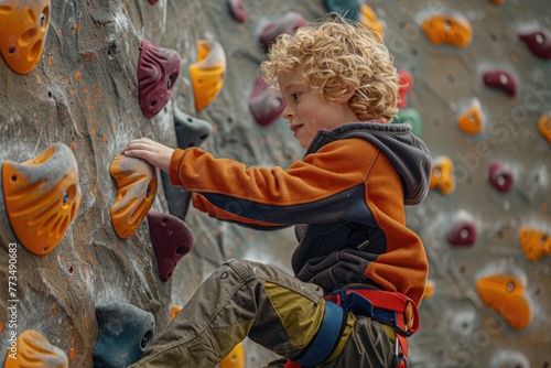 A young boy climbing on a rock wall. Suitable for sports and adventure concepts