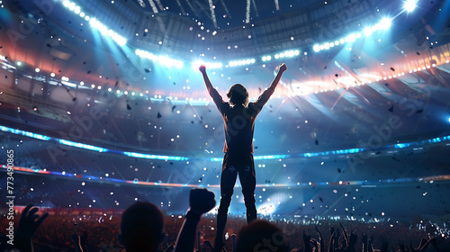 a celebratory moment in a crowded stadium. A person stands at the center, arms raised in triumph © DigitaArt.Creative