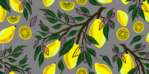 Texture lemons, limes, citrus fruits. Tropical exotic pattern. Cartoon style. Hand drawn elements. Vector seamless overlapping pattern.