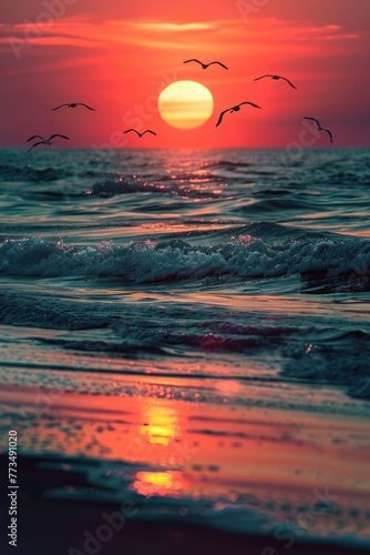 Beautiful sunset with birds flying over the ocean. Perfect for travel or nature themed designs © Fotograf