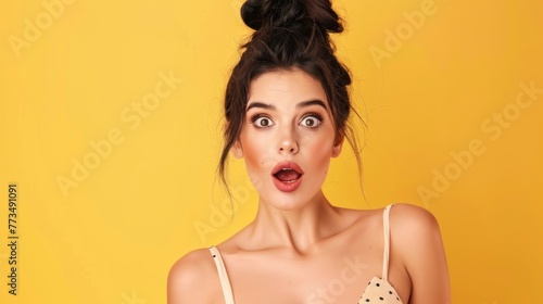 beautiful woman with surprised face on bright yellow background in high resolution and quality. woman portrait concept