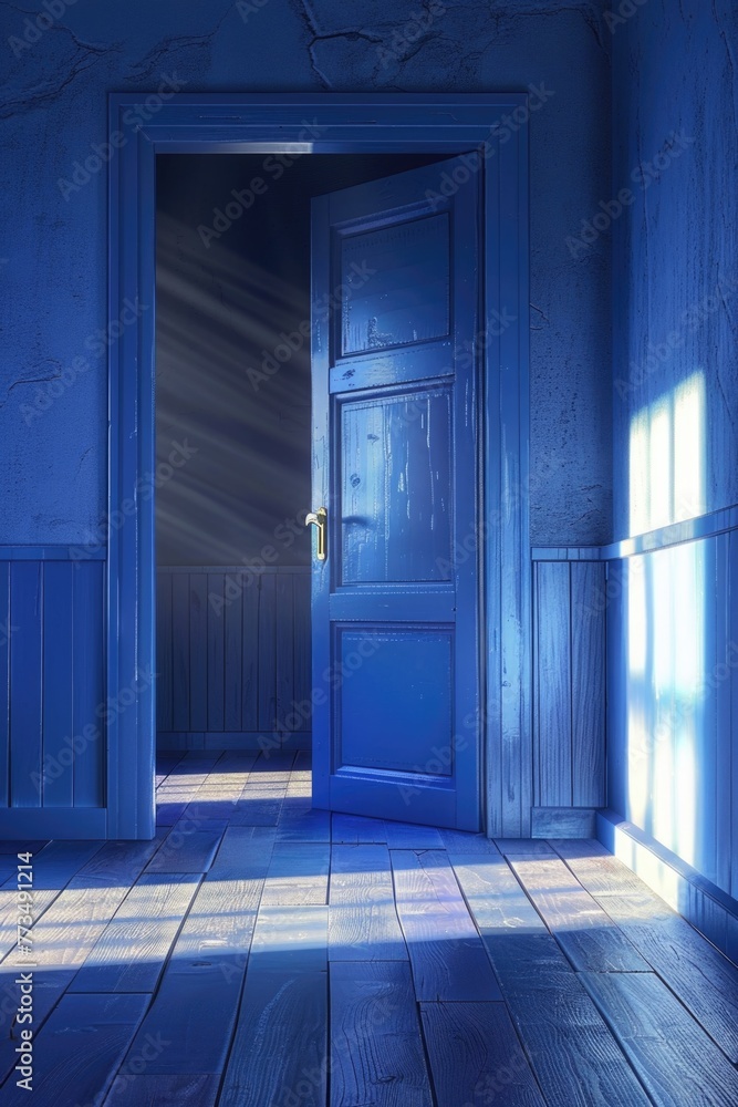 A blue door is open in a blue room. Suitable for interior design concepts A blue door is open in a blue room. Suitable for interior design concepts