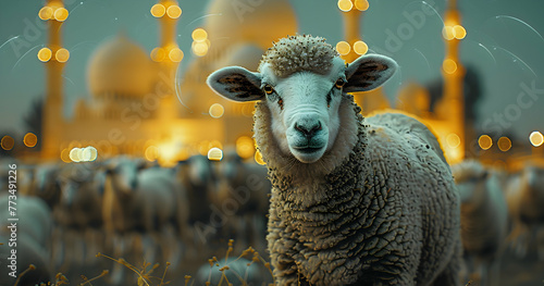 Beautiful eid al adha sheep or lamb with Islamic background for design colorful eid al adha post
