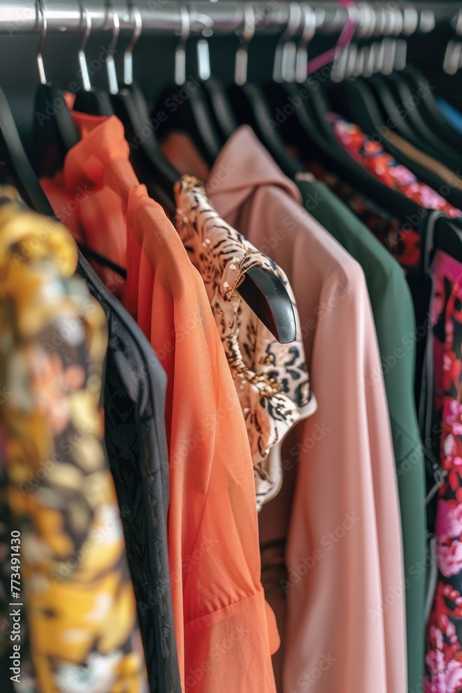A rack of clothes with a variety of shirts. Suitable for fashion or retail concepts