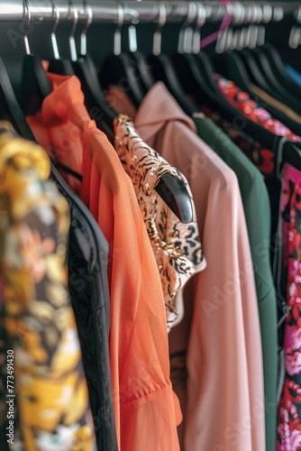 A rack of clothes with a variety of shirts. Suitable for fashion or retail concepts