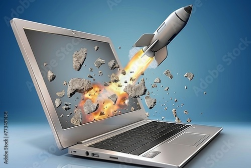 Rocket coming out of laptop screen, blue background. 