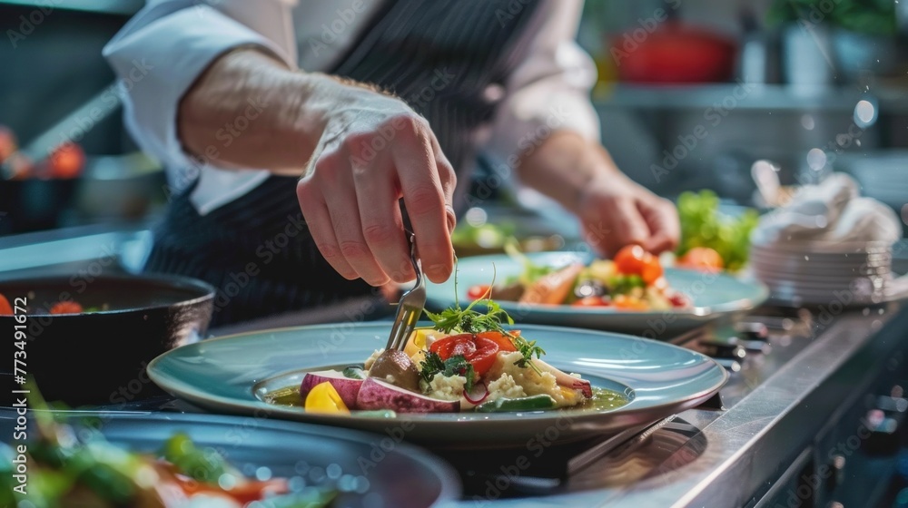 delicious dish in chef's kitchen preparing in high resolution