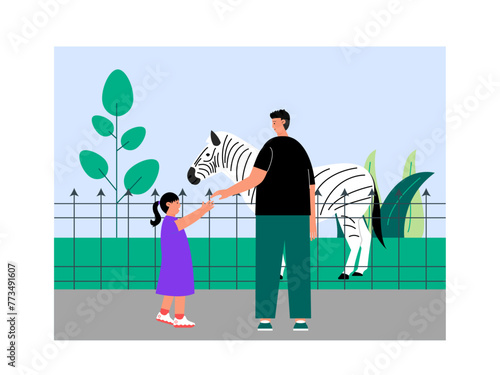 Father took his daughter to zebra enclosure. Zoo vector illustration