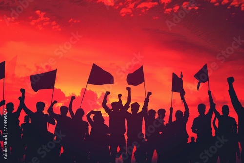 A group of people holding flags at sunset. Suitable for patriotic or celebratory themes
