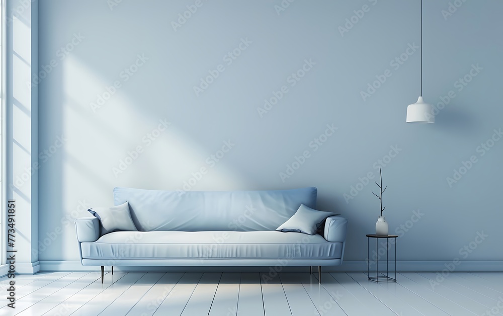 Modern interior design of a living room with a light blue sofa and copy space wall mock up background, in high definition - obrazy, fototapety, plakaty 