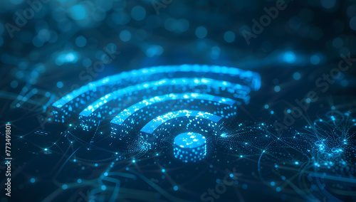  Blue digital wireless network icon with abstract connection lines on a dark background. Abstract digital background of wifi icon with blue glowing connections on a dark background.