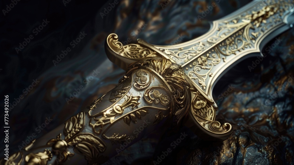 A shiny gold and silver sword on a dark black background. Ideal for fantasy or medieval themed designs