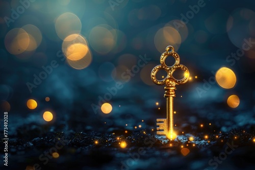 A golden key resting on a sleek black surface. Ideal for concepts of access, security, and solutions photo