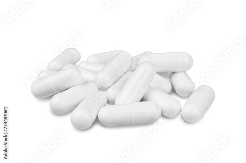 Heap of  white medicine pill capsules isolated on white, transparent background. Pile of antibiotics, supplement, vitamin, healthcare concept, pharmaceutical medicine