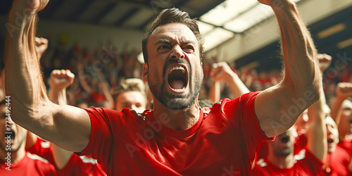 An emotional man in a football stadium illuminated by bright lights. Concept: Football matches as an exciting spectacle that combines sports and entertainment.