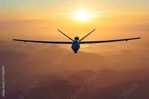 Military unmanned attack drone in the air against the background of the sunset.