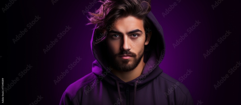 A man wearing a hoodie with the hood up standing in front of a vibrant purple background A man wearing a hoodie with the hood up standing in front of a vibrant purple background