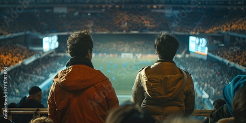 Two men on the stands of a stadium watching a sporting event. Concept: Friendly communication, attending sports games, fan culture, outdoor recreation. football matches.