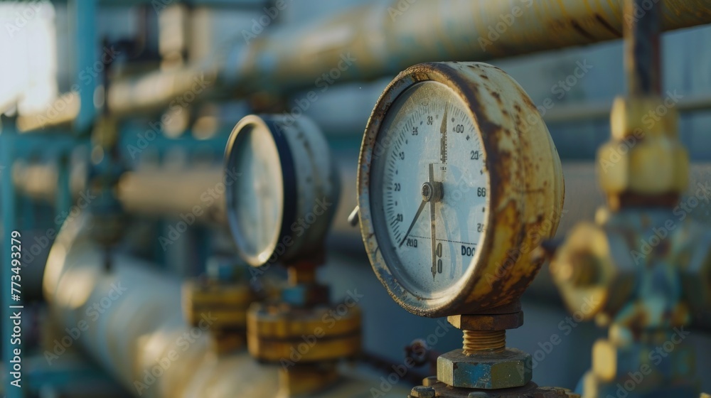 A couple of gauges mounted on a pipe. Suitable for industrial concepts A couple of gauges mounted on a pipe. Suitable for industrial concepts