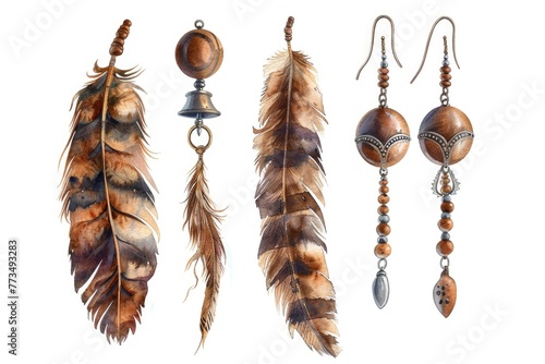 Group of stylish feather earrings. Ideal for fashion and accessories concepts