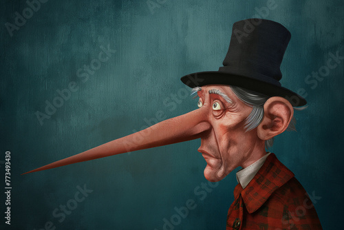 Illustration of an old man with long nose suggesting that he is lying