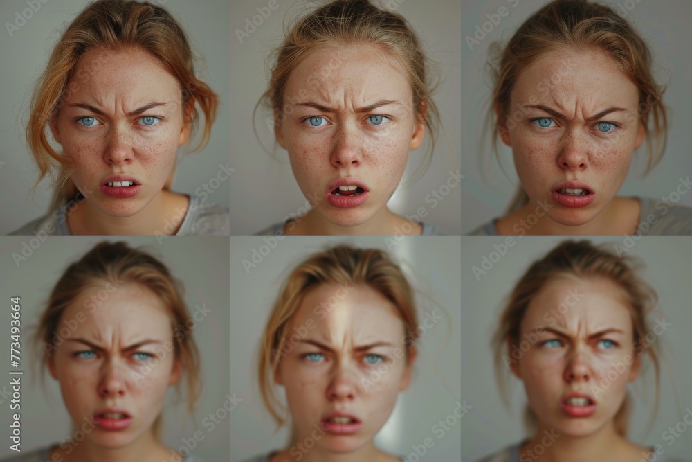 A collection of images featuring a woman making various facial expressions. Ideal for use in advertising and social media campaigns A collection of images featuring a woman making various facial expressions. Ideal for use in advertising and social media campaigns