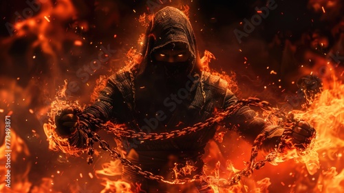 A man in a hoodie chained to a fire, suitable for concepts of imprisonment or struggle