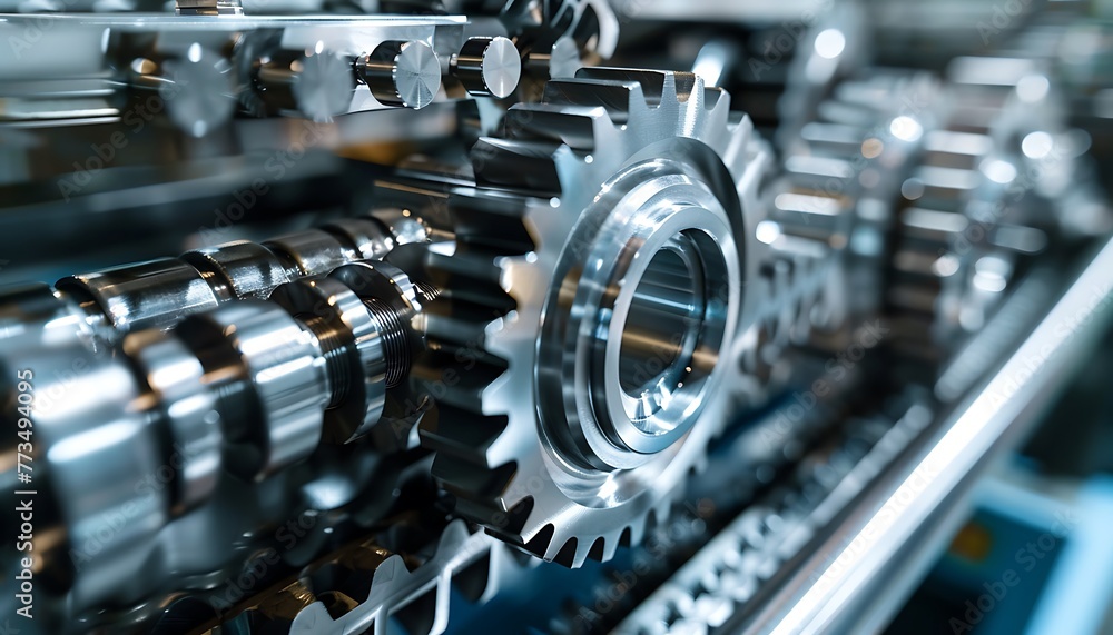 Fototapeta premium Precision Engineering Displayed Macro View of Interlocked Gears & Cogs in Machine
