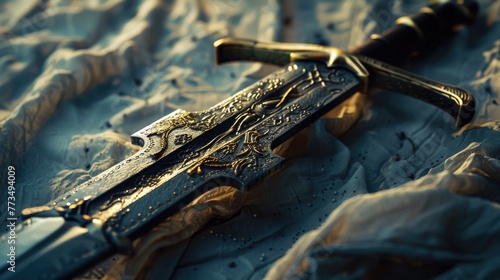 A sword laying on a bed, suitable for various themes