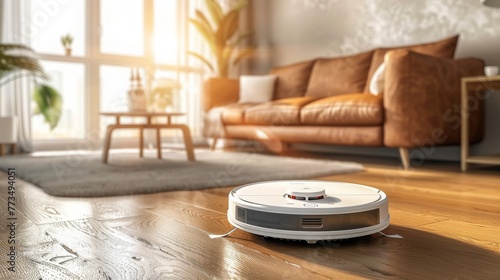 Smart home device on the living room floor white robotic vacuum