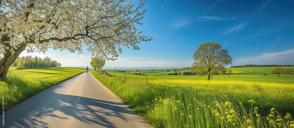 A man cycles through rural spring scenery, embodying freedom and freshness amidst lush fields and blossoming trees. 🚴‍♂️🌼☀️ #SpringCyclingJoy