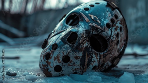 A hockey mask resting on a pile of ice, perfect for sports or winter-themed projects