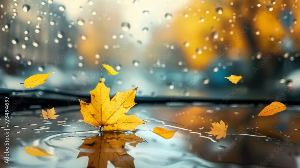 Autumn vehicle concept Wipers clear rain from car window Empty window for message with yellow maple leafs Selective focus copy space image Autumn vehicle concept Wipers clear rain from car window Empty window for message with yellow maple leafs Selective focus copy space image