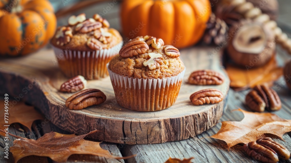 Delicious nut-covered muffins on a table, perfect for bakery or food-related projects Delicious nut-covered muffins on a table, perfect for bakery or food-related projects
