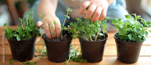 Close-up of small hands planting herb seeds in pots, cultivating a cozy indoor herb garden in a family home photo