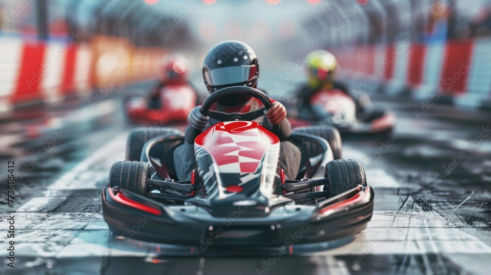 Fototapeta premium Two go-karts racing down a track. Perfect for sports and competition concepts