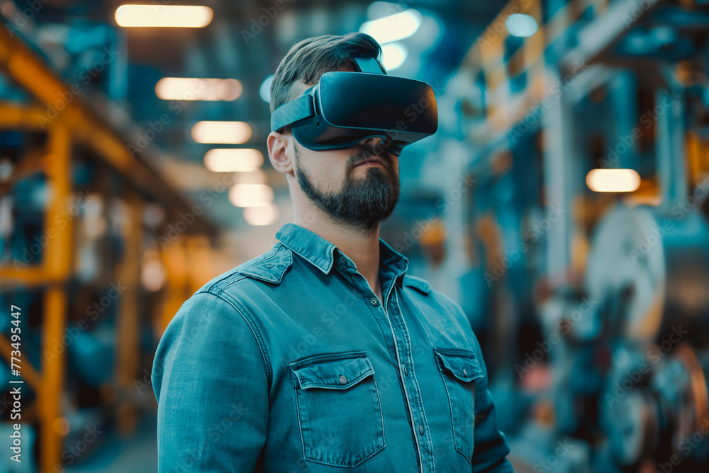 Caucasian male industrial engineer using VR technology for industrial design, development and prototyping at his workplace in factory. Future, technology and industry concept Caucasian male industrial engineer using VR technology for industrial design, development and prototyping at his workplace in factory. Future, technology and industry concept