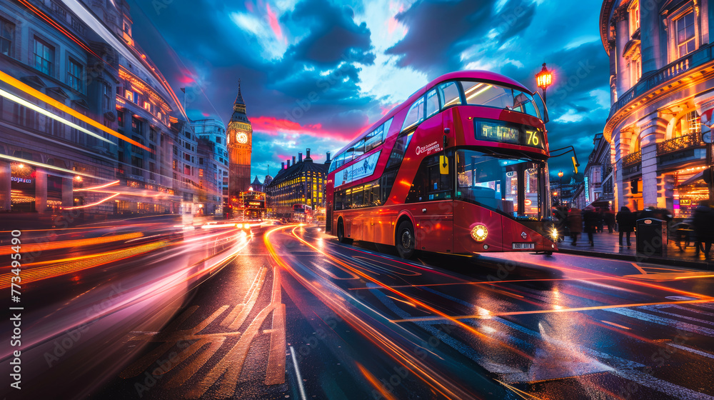 Modern Red London Double Decker Bus, city street at night. in motion in front of big ben, long exposure Modern Red London Double Decker Bus, city street at night. in motion in front of big ben, long exposure