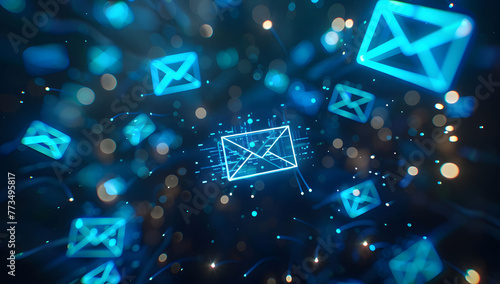 A digital background with glowing blue envelopes on a dark background, representing fast and modern email marketing. A background of a digital email icon floating in the air, newsletter concept. 