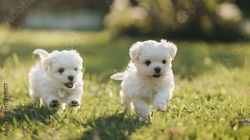 White fluffy cheerful happy pretty puppies of Maltese lapdogs are play running on a green lawn. Puppies frolic running in pursuit .
