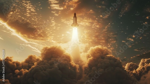 A space shuttle taking off into the sky. Ideal for science and technology concepts.