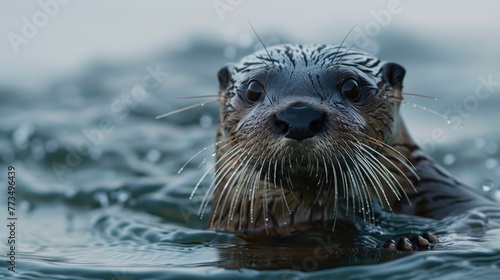 Close-up of an otter swimming in the water, ideal for nature and wildlife themes © Fotograf