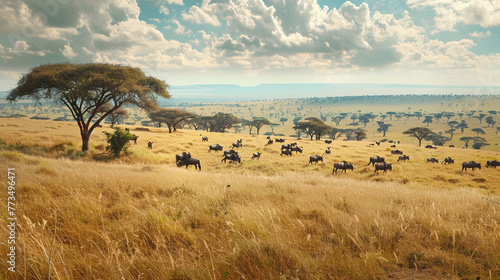 A breathtaking savanna landscape with acacia trees and grazing herds of wildlife under a vast open sky