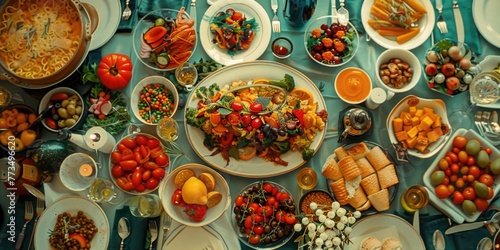 A table filled with various types of food. Suitable for food-related projects