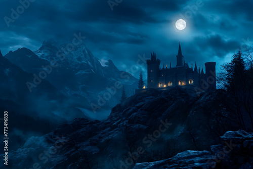 A haunted vampire castle on a mountain at night