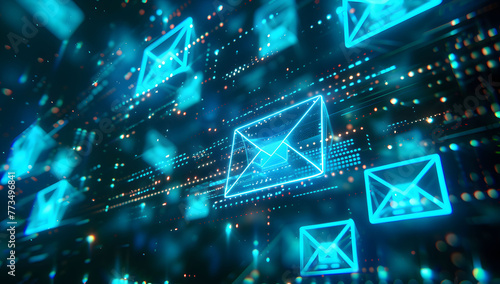 A digital background with glowing blue envelopes on a dark background, representing fast and modern email marketing. A background of a digital email icon floating in the air, newsletter concept.  © jex