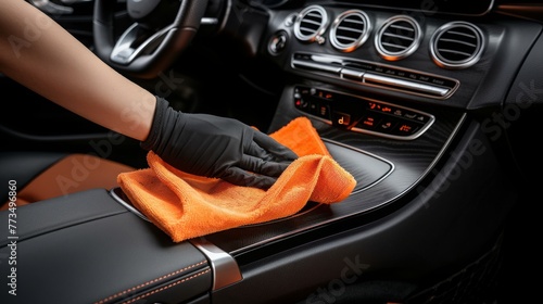 Hand car interior drying of gearbox and dashboard using microfiber in detailing auto service. Cleaner worker dry car interior.